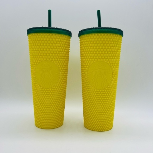 STARBUCKS SET OF 2 YELLOW & GREEN DRINK HOLDER WITH STRAW AND LID 20 OZ - Picture 12 of 14
